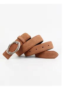 Niche design brown suede leather women belt with unique alloy buckle for stylish jeans outfit.