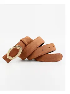 Brown suede women's wide belt with stylish irregular gold buckle for jeans and casual wear.