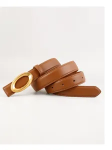 Close-up detail of a brown leather belt with elegant golden oval buckle and fine stitching.