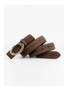 Brown suede women belt detail showcasing textured suede leather and unique alloy buckle.