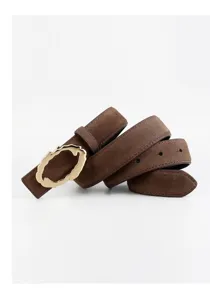 Brown suede belt detail showing soft texture and unique irregular gold metal buckle design.
