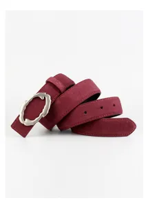 Burgundy suede leather women's belt detail, featuring unique irregular alloy buckle design.