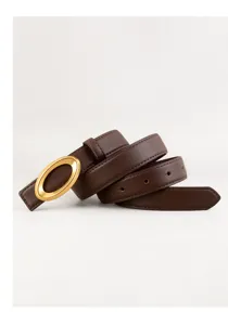 Close-up detail of a dark brown genuine leather women's belt with gold-tone oval metal buckle.