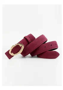 Women's wide suede belt with irregular gold metal buckle, stylish casual waist accessory.