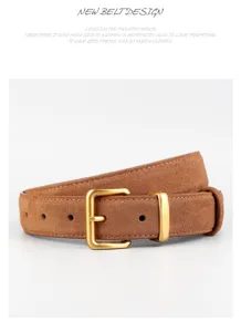 Women's brown suede belt with gold metal buckle, stylish minimalist design for jeans.