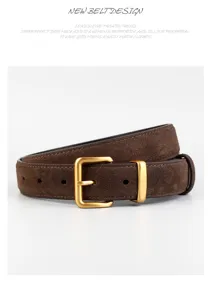 Detail shot of brown suede women belt with gold buckle, minimalist velvet texture for jeans.