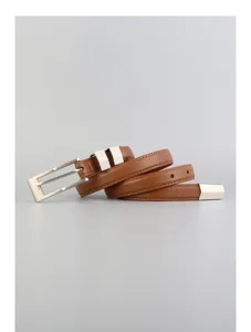 Elegant brown thin leather belt for women with retro square silver buckle, versatile style.
