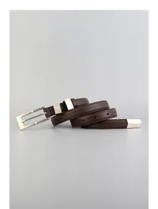 Brown leather belt detail, thin strap with silver square buckle and metal tip, elegant style.