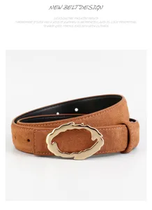 Detailed view of brown suede women belt featuring a gold irregular metallic buckle.