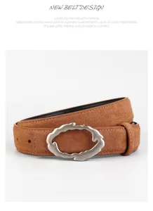 Women brown suede leather belt with irregular silver alloy buckle for fashion daily wear jeans.