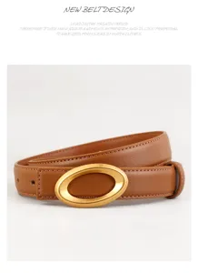 Close-up detail of the elegant brown leather belt featuring a sleek gold oval buckle.