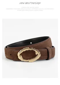 Brown suede belt detail showing the unique gold irregular buckle and premium texture.