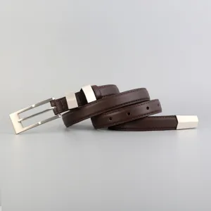 Minimalist Genuine Leather Thin Belt For Women Vintage Square Alloy Metal Buckle Casual Versatile Pants Dress Waist Belt Fashion Accessories