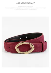 Women wide suede belt with irregular gold metal buckle, stylish red waist strap for casual pants.