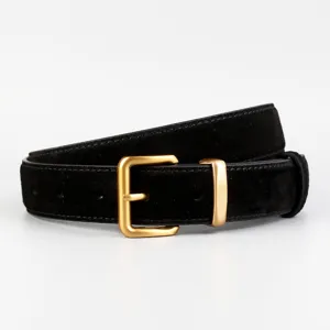 Elegant black suede women belt with minimalist gold buckle versatile jeans accessory