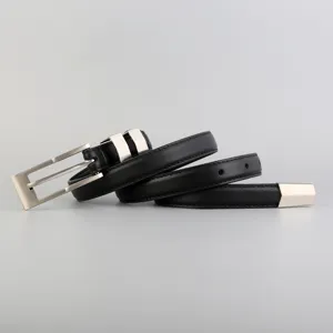 Women Black Thin Leather Belt Retro Square Buckle Elegant Waist Strap Jeans Dress Accessories