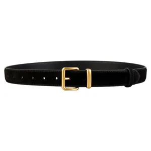 Women's black suede belt with matte gold square buckle minimalist design for casual jeans.
