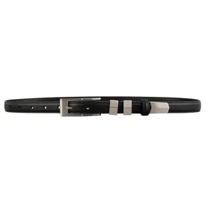 Women's genuine leather thin belt with silver rectangular metal buckle and elegant metallic loops.