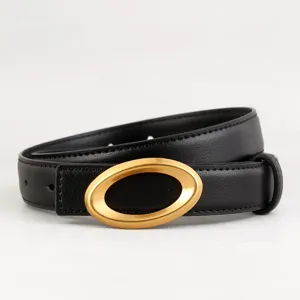 Women's black leather belt with stylish gold oval buckle, perfect for jeans and dresses.