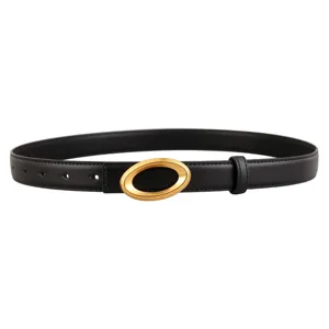 Elegant women genuine leather belt featuring a sleek gold oval buckle, perfect for stylish jeans.