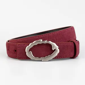Stylish burgundy suede leather belt for women with unique irregular alloy buckle for daily wear.