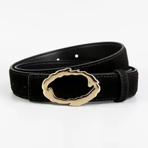 Stylish women black suede wide belt with irregular gold metal buckle for jeans and pants.
