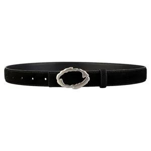 Women black genuine leather belt with irregular silver metal buckle, stylish accessory.