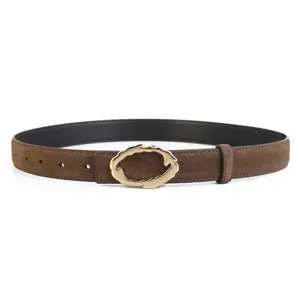 Brown suede belt for women featuring an irregular gold-tone metal buckle, detailed view.