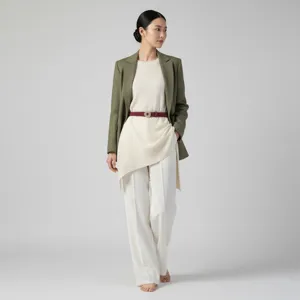 Detail view of a stylish thin suede leather belt with a round buckle, paired with chic casual outfit.