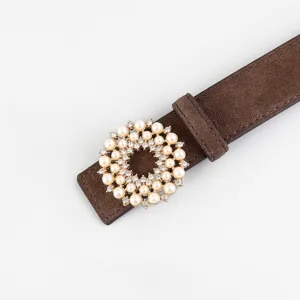 Brown suede women belt featuring a stunning pearl and rhinestone round decorative buckle.