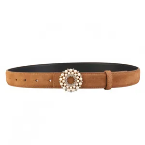 Close-up of the brown suede women's belt featuring a stunning pearl and rhinestone round buckle.