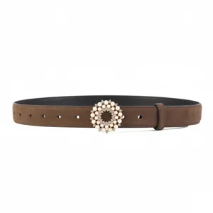 Brown suede belt detail featuring an elegant pearl and crystal round decorative buckle.
