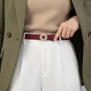 Women's Genuine Suede Leather Belt Elegant Pearl Rhinestone Round Buckle Casual Versatile Waist Strap Fashion Accessories