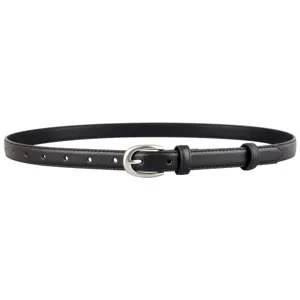 Classic black leather belt for women with silver metal pin buckle for casual jeans.