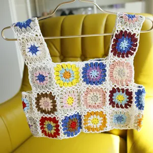Gilet au Crochet en Carrés Multicolores Fait Main pour Femmes Débardeur en Maille de Coton et Acrylique Vintage Top Court Sans Manches Vêtement