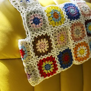 Gilet carré de grand-mère au crochet fait main haut en tricot doux pour femme accessoire de mode