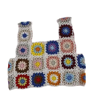 Top débardeur crochet fait main carré de grand-mère gilet tricoté floral été doux mode