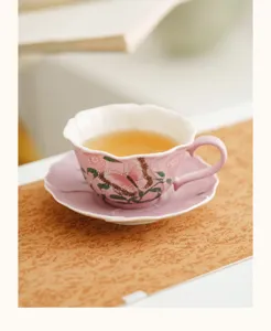 Hand-painted pink butterfly ceramic coffee cup and saucer set, elegant afternoon tea espresso cup.