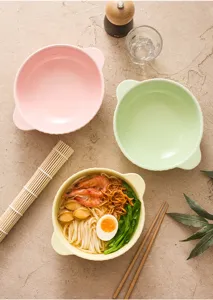 Macaron ceramic double ear bowl set, stylish vertical stripe noodle and salad soup bowl detail.