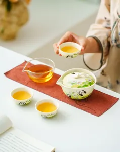 Detail shot of ceramic panda tea set with gaiwan and cups in cozy tea lifestyle setting