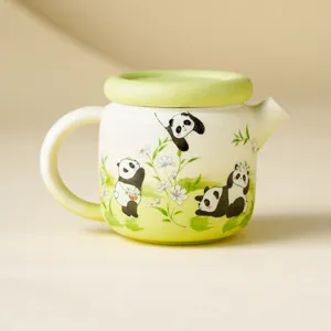 Ceramic teapot with cute panda pattern and green lid, single person tea pot for home use.