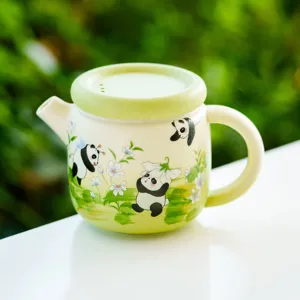 Ceramic panda teapot for loose leaf tea single person cute green infuser tea pot main
