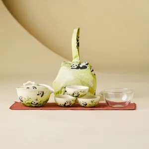 Portable panda ceramic travel tea set with teapot cups and storage bag for outdoor camping