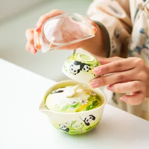 Panda ceramic travel tea set portable outdoor camping tea cup pot set with glass cup