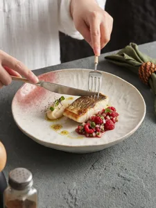 Exquisites gradienten Keramik-Essteller für feines Essen, elegante Geschirr Detailansicht.