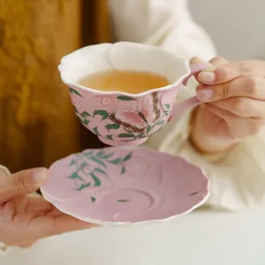 Hand-Painted Pink Butterfly Rose Ceramic Coffee Cup Saucer Set Petal Edge Vintage Rock Mineral White Porcelain Latte Mug Afternoon Tea Set