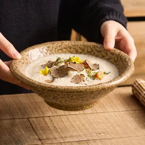 Bol de sopa de cerámica con textura de piedra, elegante ensaladera para casa y hotel.