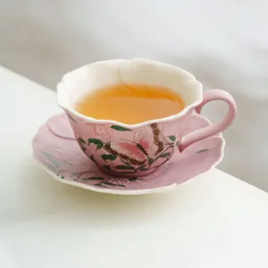 Hand-painted pink butterfly rose ceramic coffee cup and saucer set, elegant latte and tea cup.