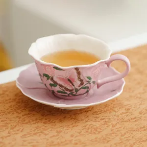 Hand-painted pink butterfly rose ceramic coffee cup and saucer set elegant afternoon tea teacup
