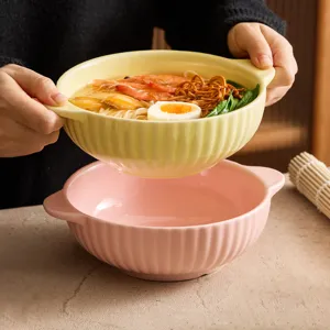Macaron Color Vertical Ribbed Ceramic Noodle Bowl With Double Handles High Quality Soup Bowl Salad Bowl Microwave Safe Tableware